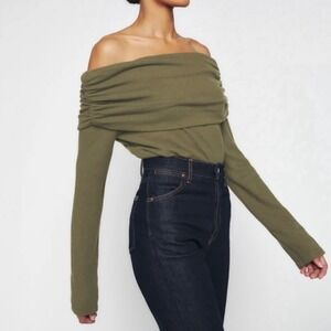 Reformation Azura Off The Shoulder Knit Long Sleeve Sweater Top Olive Green M